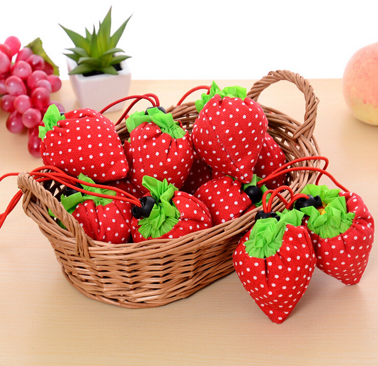 Ecological Drawstring Tote Bags Cute Strawberry Portable For Super Market
