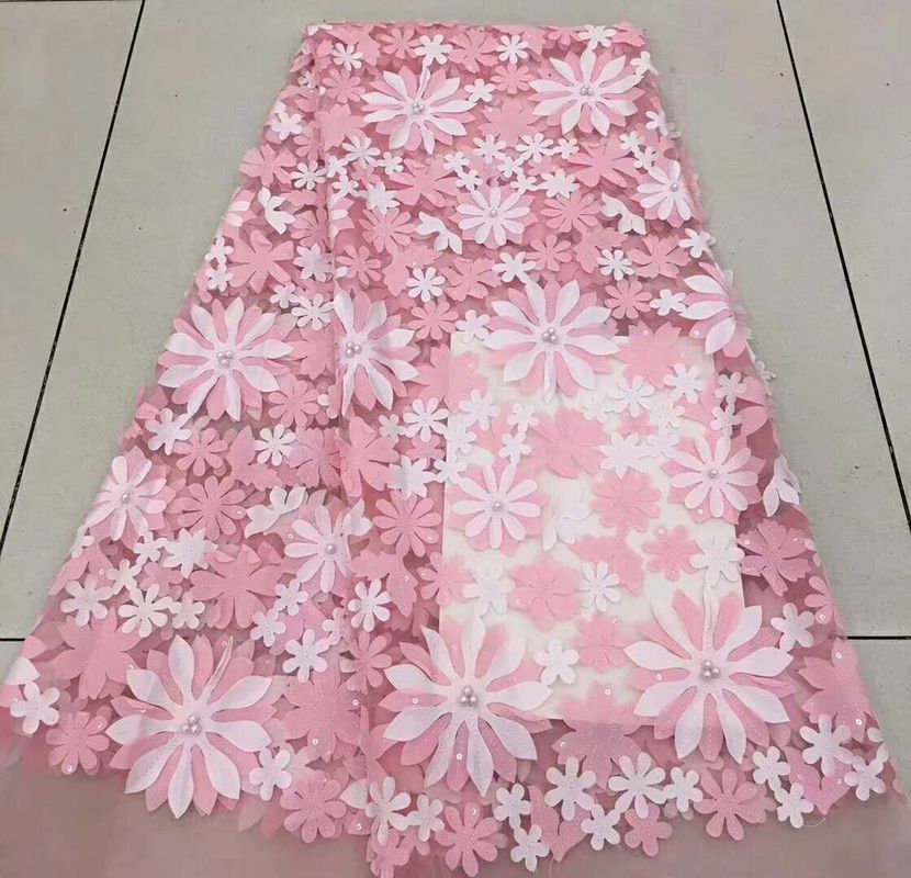 Pink 3D Flower Embroidered Mesh Lace Fabric , Sequin Beaded Lace Tulle For Dress Show