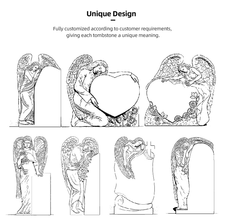 Modern Black Granite Double Angel Headstone Tombstone Cemetery Memorial Stone for Couple Engraved Heart Angel Wings Marble