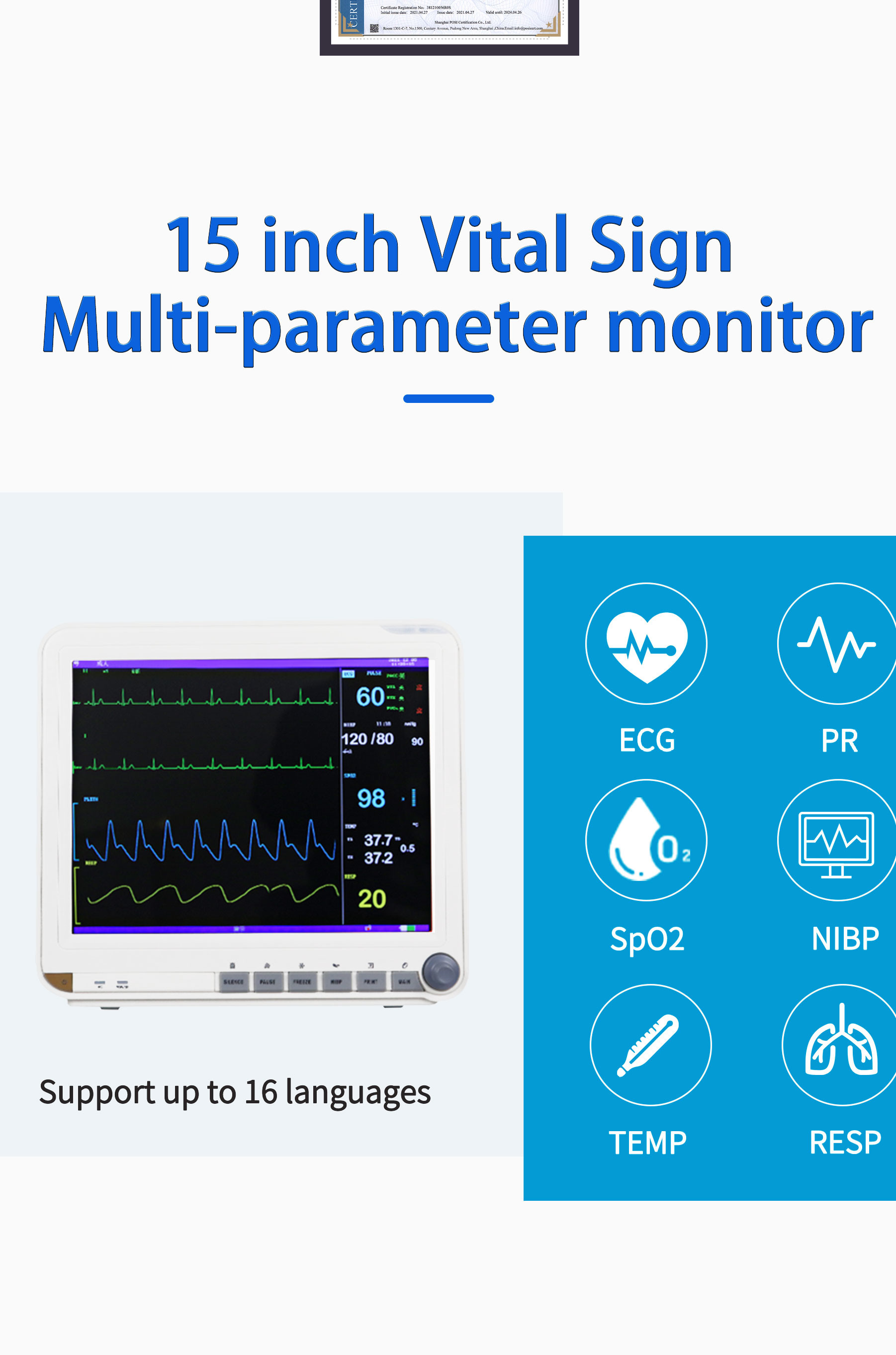 AC/ DC Visual And Audible Alarms Multi Parameter Patient Monitor 15 Inch