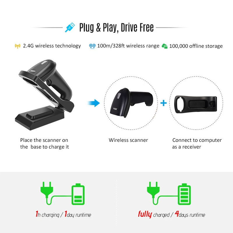 2.4G Wireless 2D Barcode Scanner 500scans/Sec With Charging Base YHD-5800DW