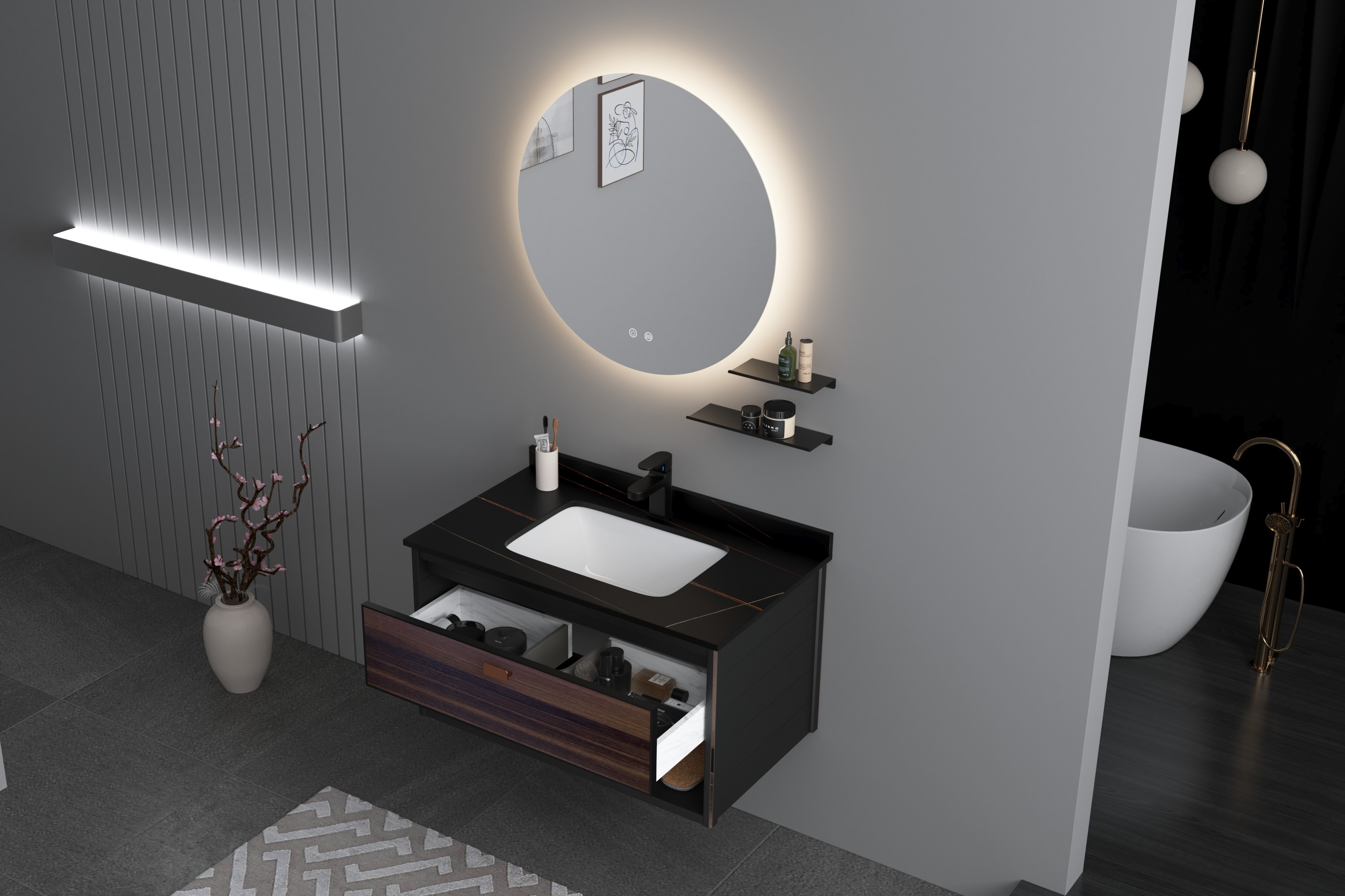 800mm Bathroom Mirror Cabinet Wall Mounted Artificial Marble Countertop