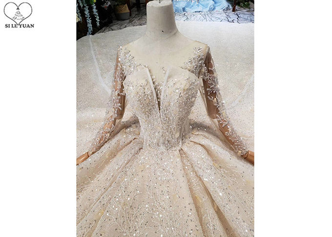 Long Sleeeve Ladies Bridal Gown Special Lace Sequins Fabric Big Long Tail