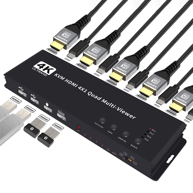 Seamless 4K HD HDMI KVM Switch with Black Output and Quad Multiviewer Display