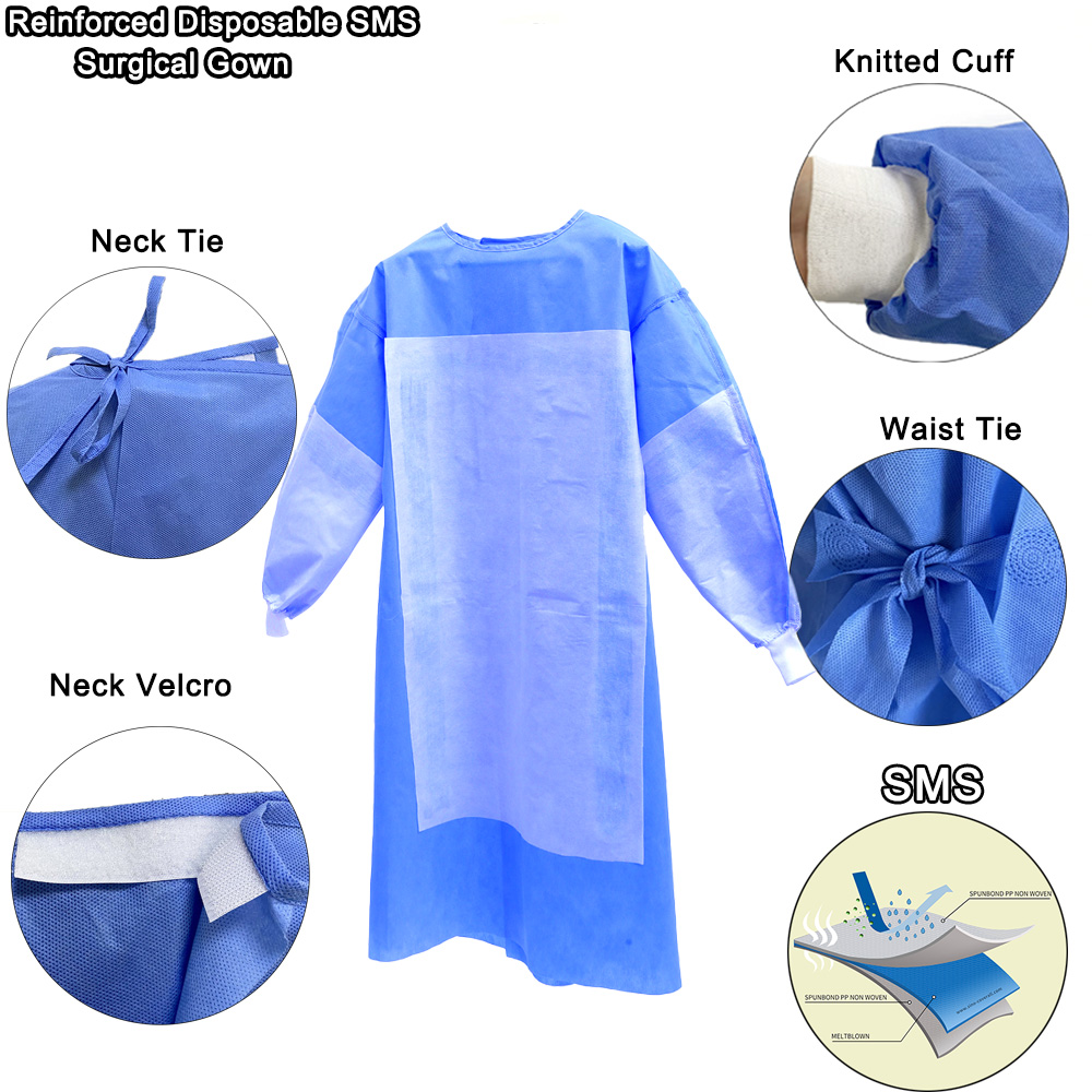 Blue Ultrasonic Seam Non Woven SMS Isolation Gowns Medical Reinforced Surgical Gown