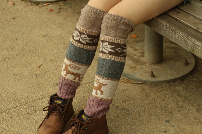 women deer snowflake jacquard knit boot socks wood feel casual wool acrylic, socks, warmer