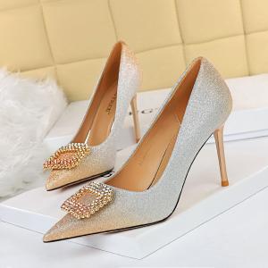 China 96161-8 Korean Sexy Party High-Heeled Shoes Stiletto High-Heeled Shallow Pointy Color Gradient Rhinestone Buckle Single wholesale