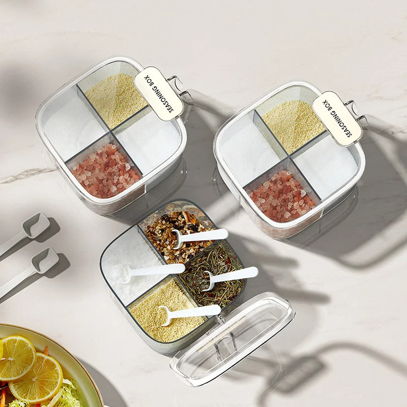 1 Set Seasoning Box 4 Compartment Spice Condiments Container With Spoon Multifunctional Storage Box