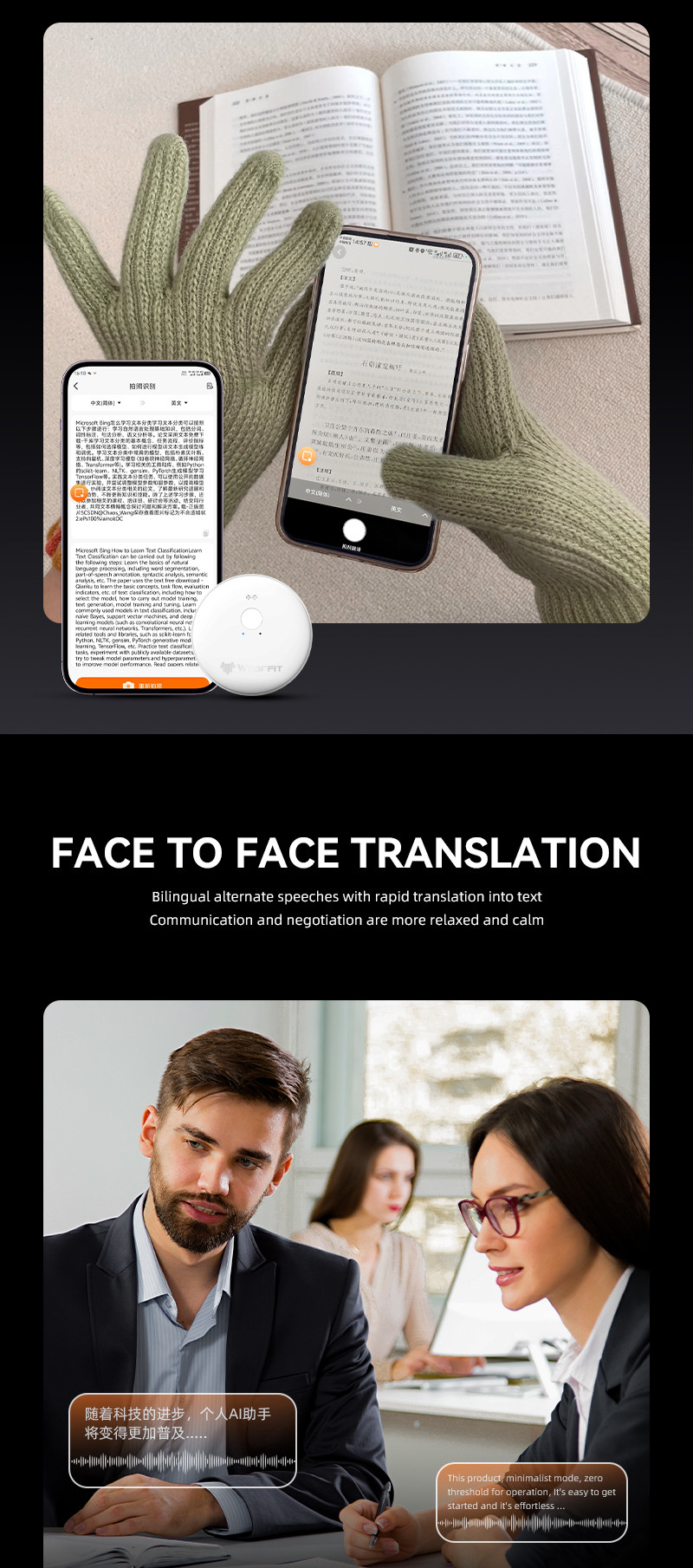 Smart AI Phone Assistant Language Voice Translator Bluetooth-Compatible 5.4 Real-time Face To Face AI Translator