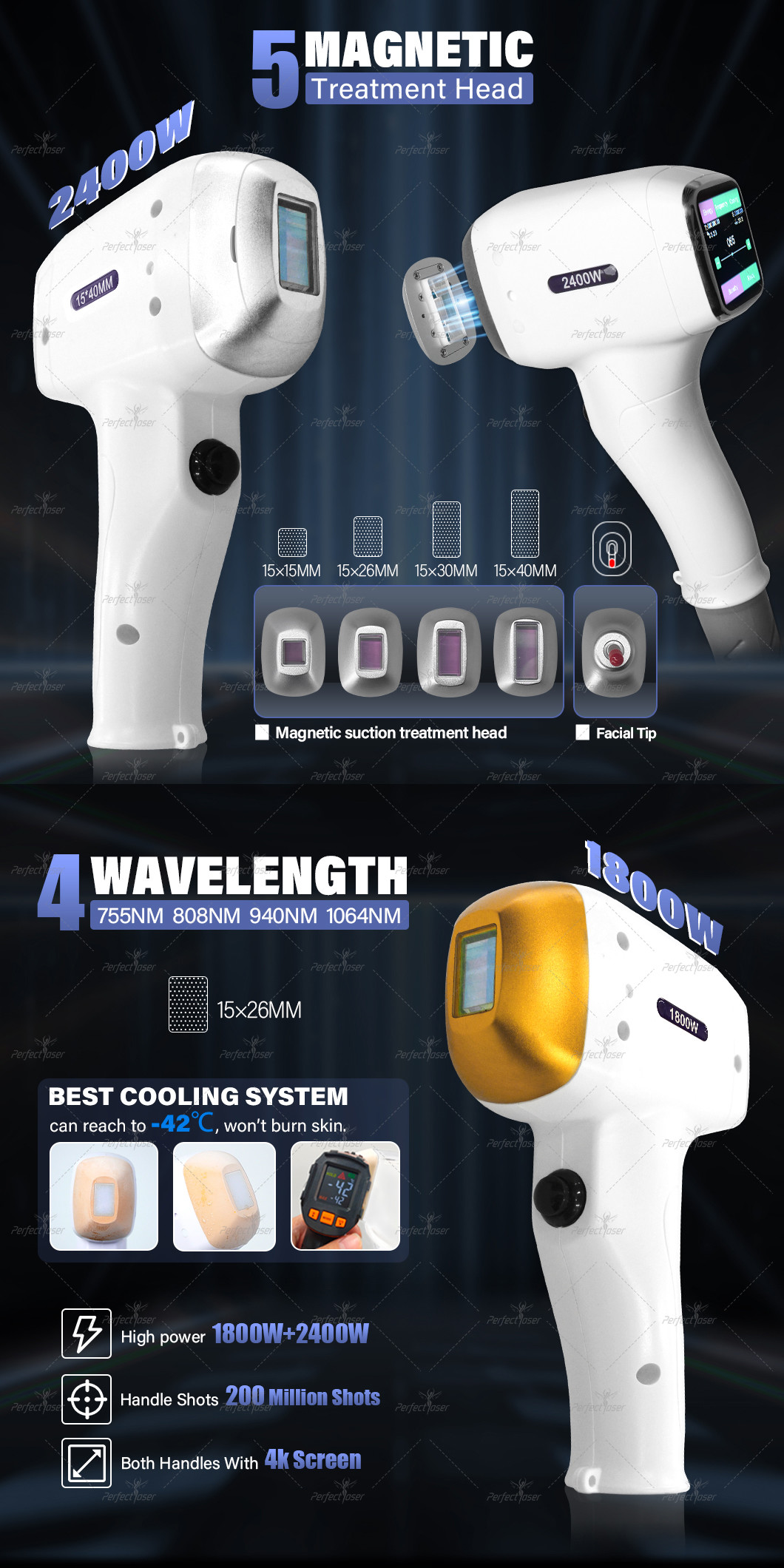 755nm 808nm 940nm 1064nm Diode Laser Hair Remover 5-150J/cm2 Energy Density 1-10HZ Frequency