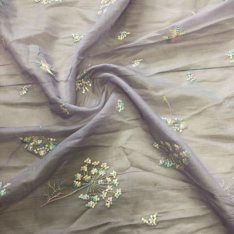 OEM 130cm Garment Embroidered Sequin Lace Fabric Polyester Chiffon Material