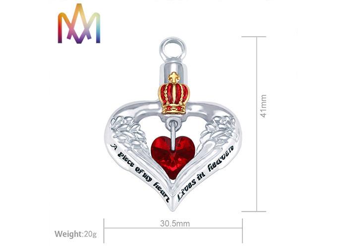 Heart Cremation Urn Engraved Necklace Charms With Red Diamond