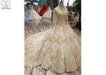 High Neck Ivory Ball Gown Wedding Dress Backless Long Sleeve Gold Beading