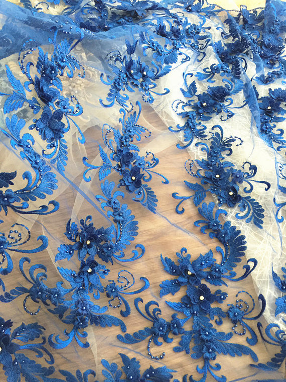 3D Rhinestone Beaded Tulle Fabric , Embroidered Royal Blue Lace Fabric For Bridal Gown