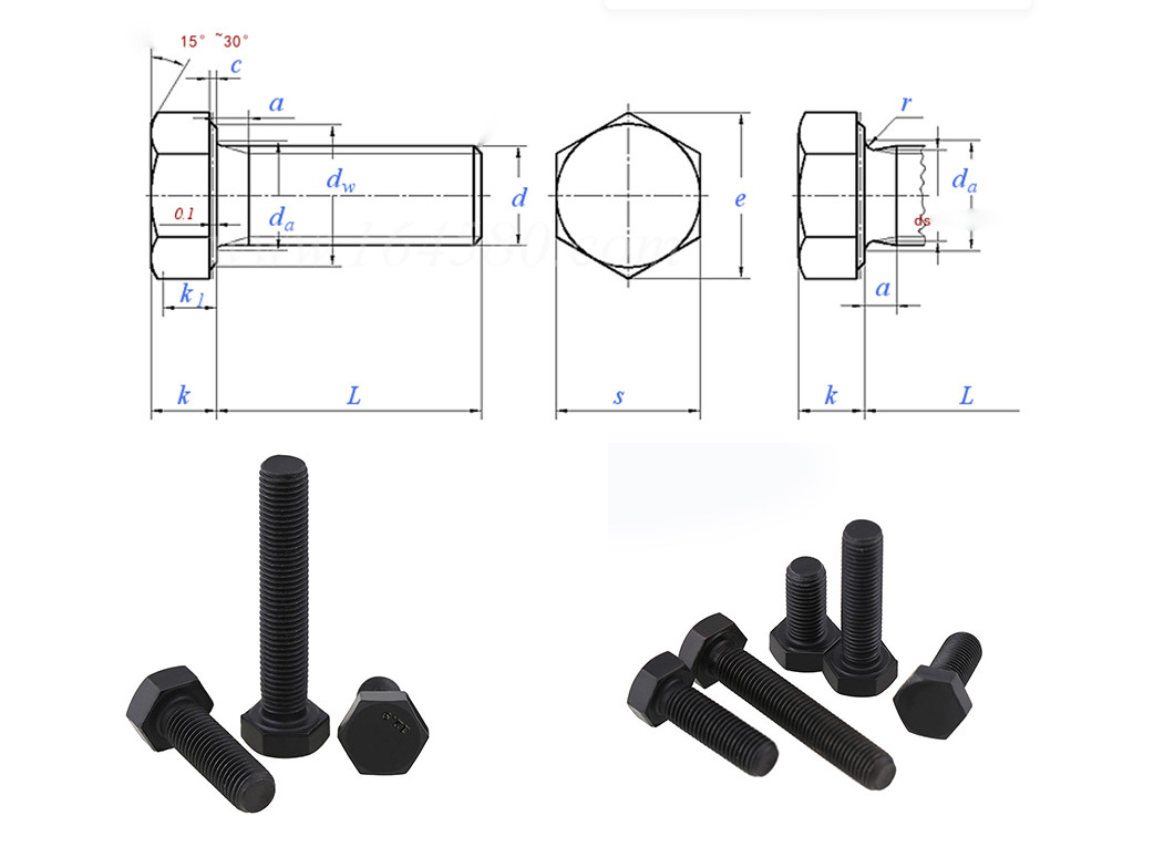 Carbon Steel Hex Bolts Zinc Plated Black Machine Bolts M3 - M36
