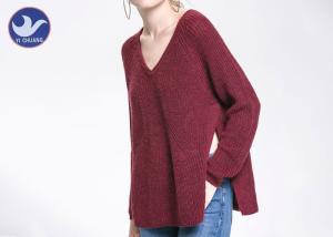 China Big Side Slit Ladies Chunky Wool Jumpers , Women's V Neck Wool Sweater Red Color wholesale