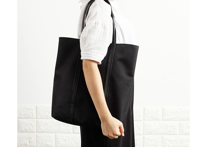 Cotton Canvas Tote Bags Black Nylon Fabric With Patent Leather PU Handle