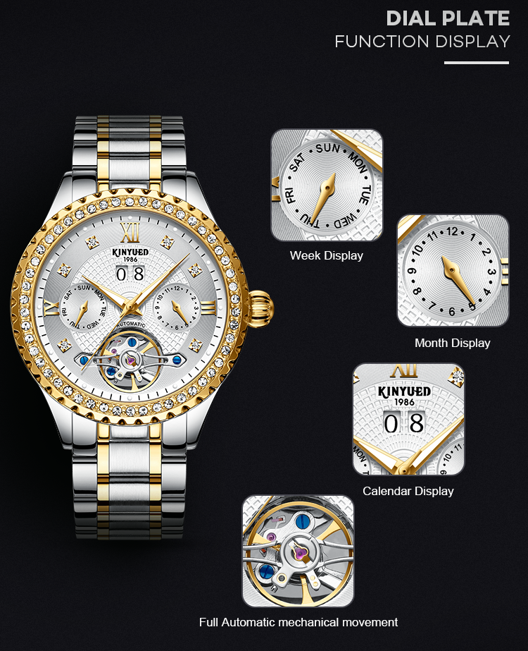 KINYUED Design your own luxury waterproof mens skeleton automatic tourbillon watch mechanical