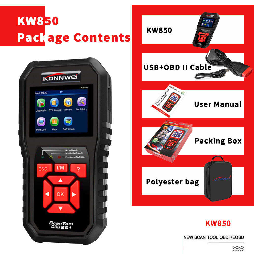 Red KONNWEI KW850 Auto Diagnostic Tool Obd2 2.8 Inch LCD Color Screen