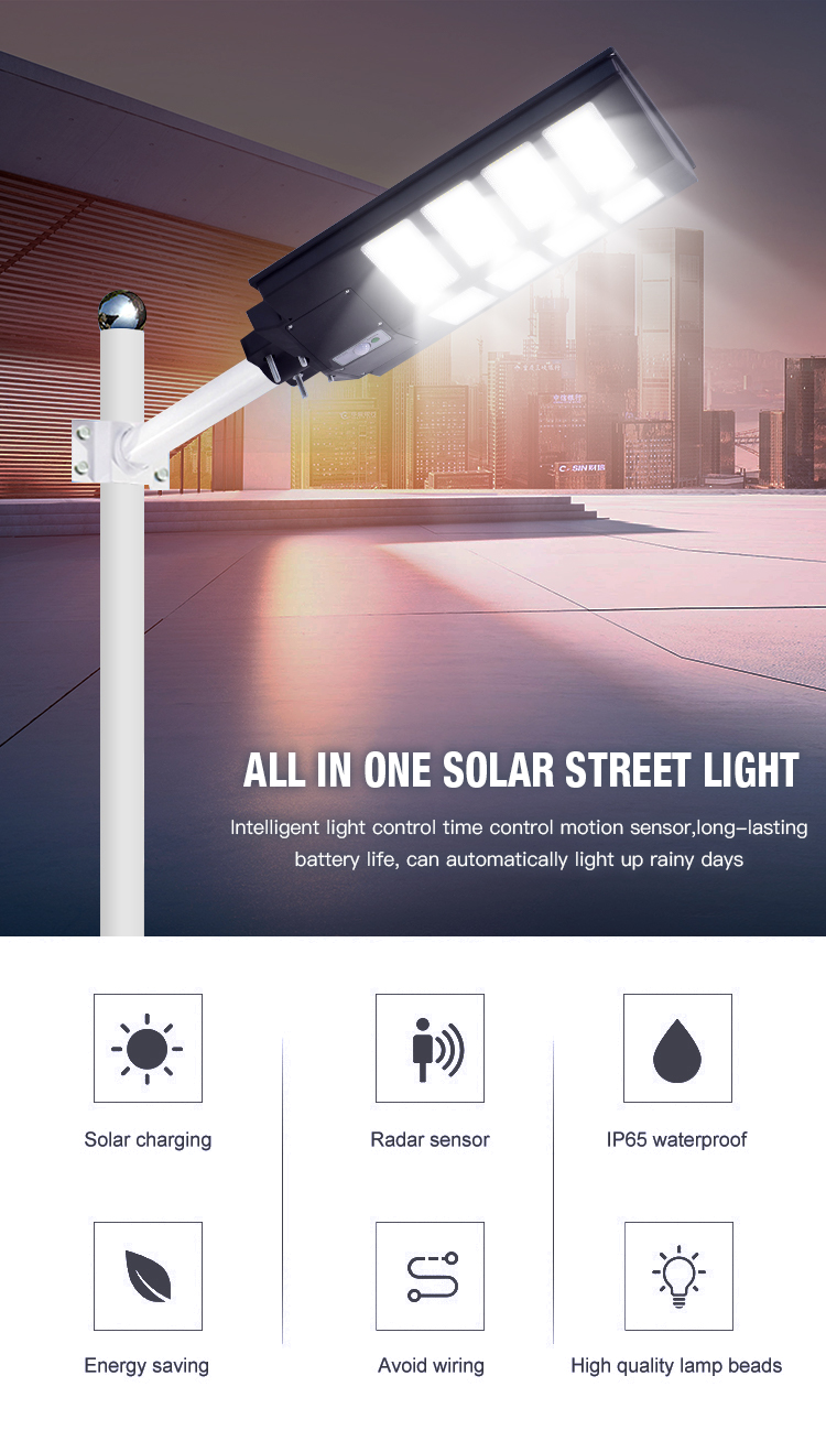 Outdoor All In One Solar Street Light 100w 300W 500W for ROAD Working Time hours 50000