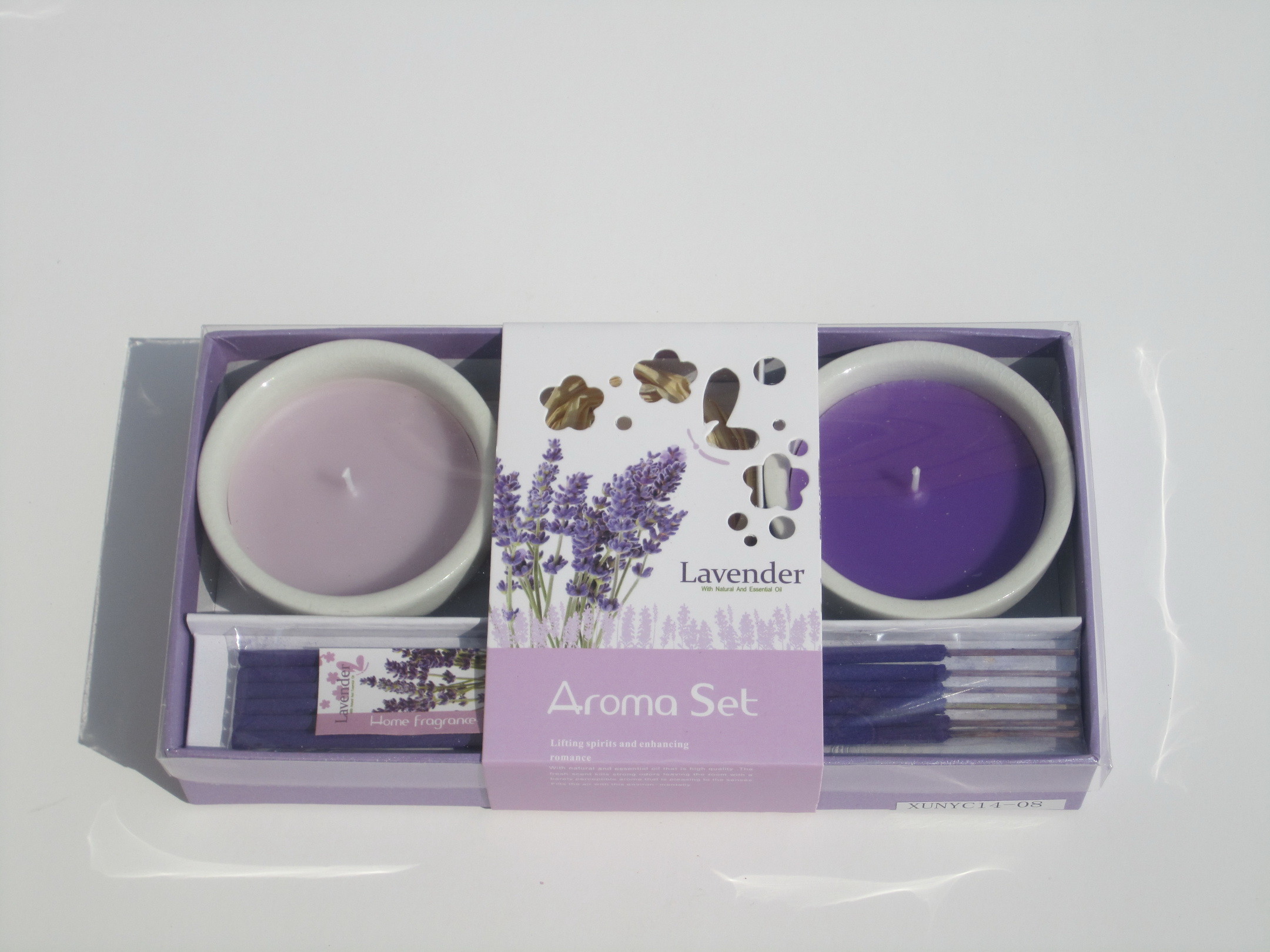 2pk purple lavender fragrance ceramic candle,incense with printed wrapping label packed into clear box
