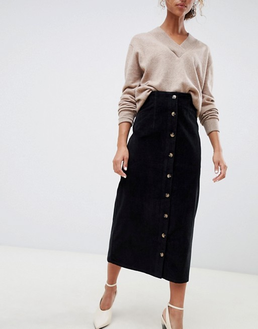 OEM hot selling button through midi skirt in washed black