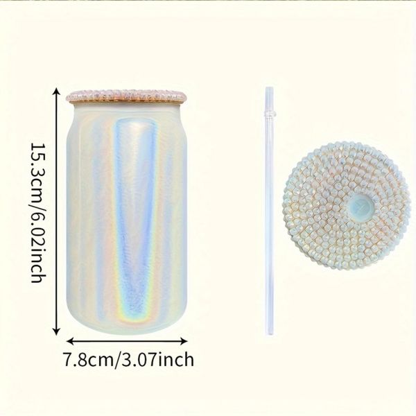 16oz Glitter Iridescent Glass Water Tumbler glass drinking bottle with bamboo lid For Iced Coffee Beer Juice Soda