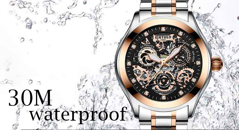 KINYUED oem waterproof custom logo leather fashion tourbillon skeleton wrist watch luxury automatic watches mens watch