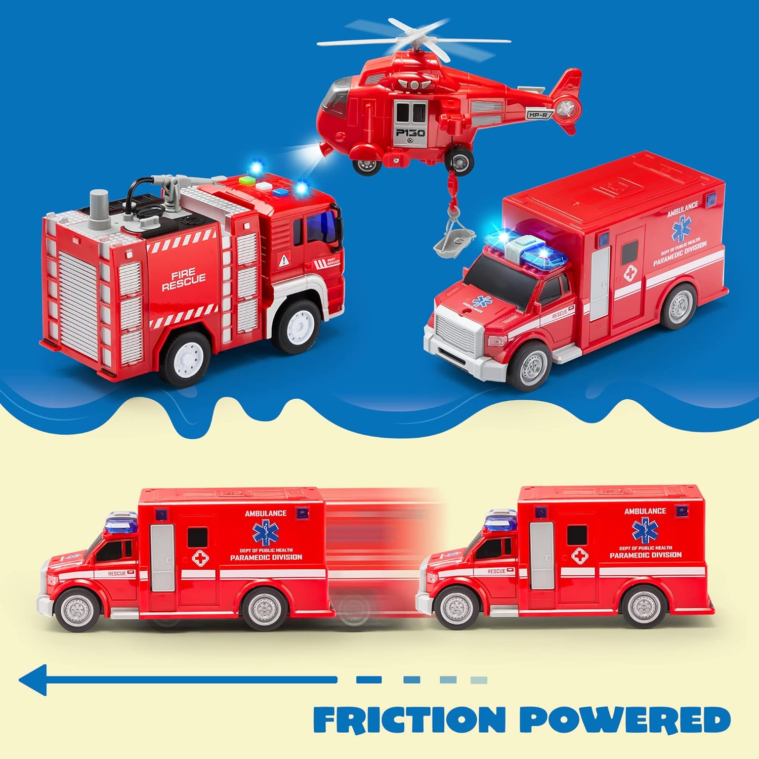 Battery-Free Friction Toy Toddler Truck Fire Engine Emergency Vehicle for Kids Age 3-9