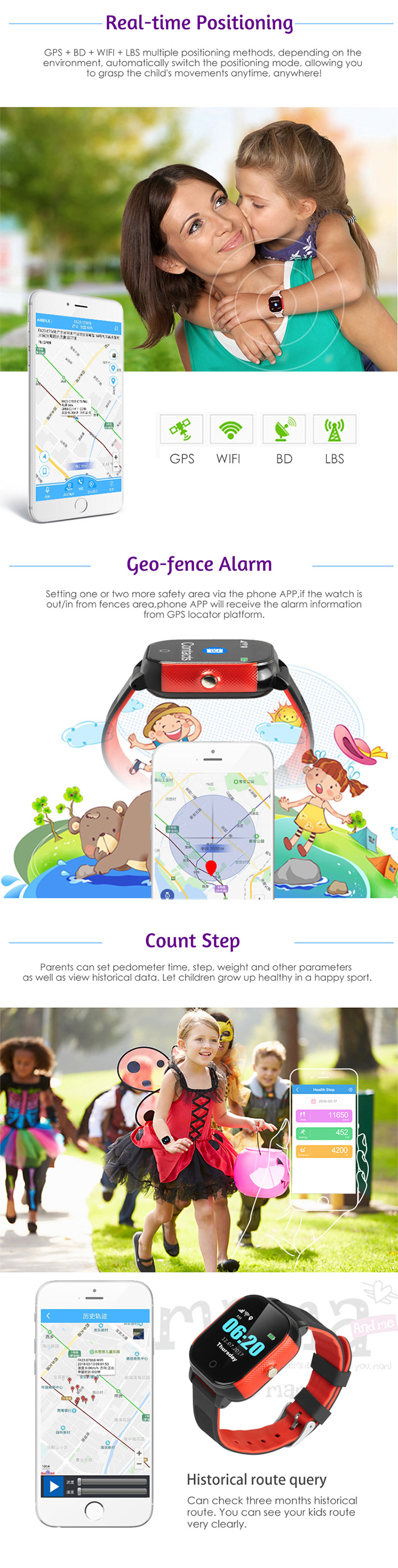 450mAh Smart SOS Panic Button Kids Gps Tracker Watch 1.30" Display