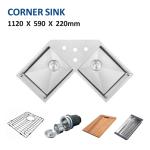 112x59 Corner Stainless Steel Kitchen Sink 16 Gauge Brushed 30 Inch Double Bowl