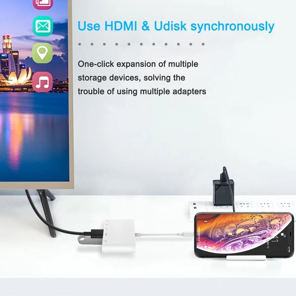 1080P Lightning To HDMI Cable USB SD TF Card Reader Digital AV TV OTG Adapter Hub