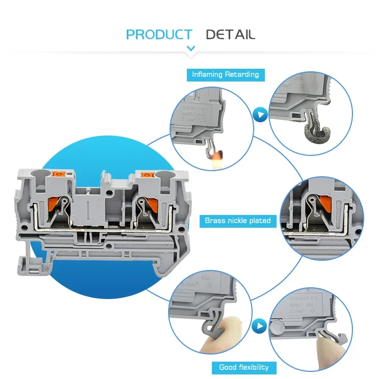 PT10 Push-in Terminal Block Din Rail Wire Electrical Connector 10mm² Spring Screwless Feed-Through Strip Plug PT-10