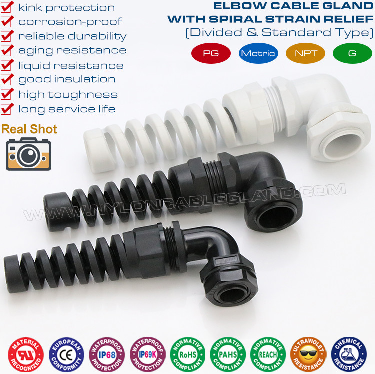 Right Angle (Elbow) Spiral Plastic PG Cable Glands with Flexible Cable Protector