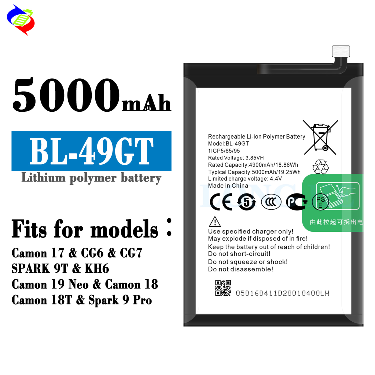 3.85V 5000mah Rechargeable Battery for Tecno Camon 17/CG6/CG7 BL-49GT 100% Compatible