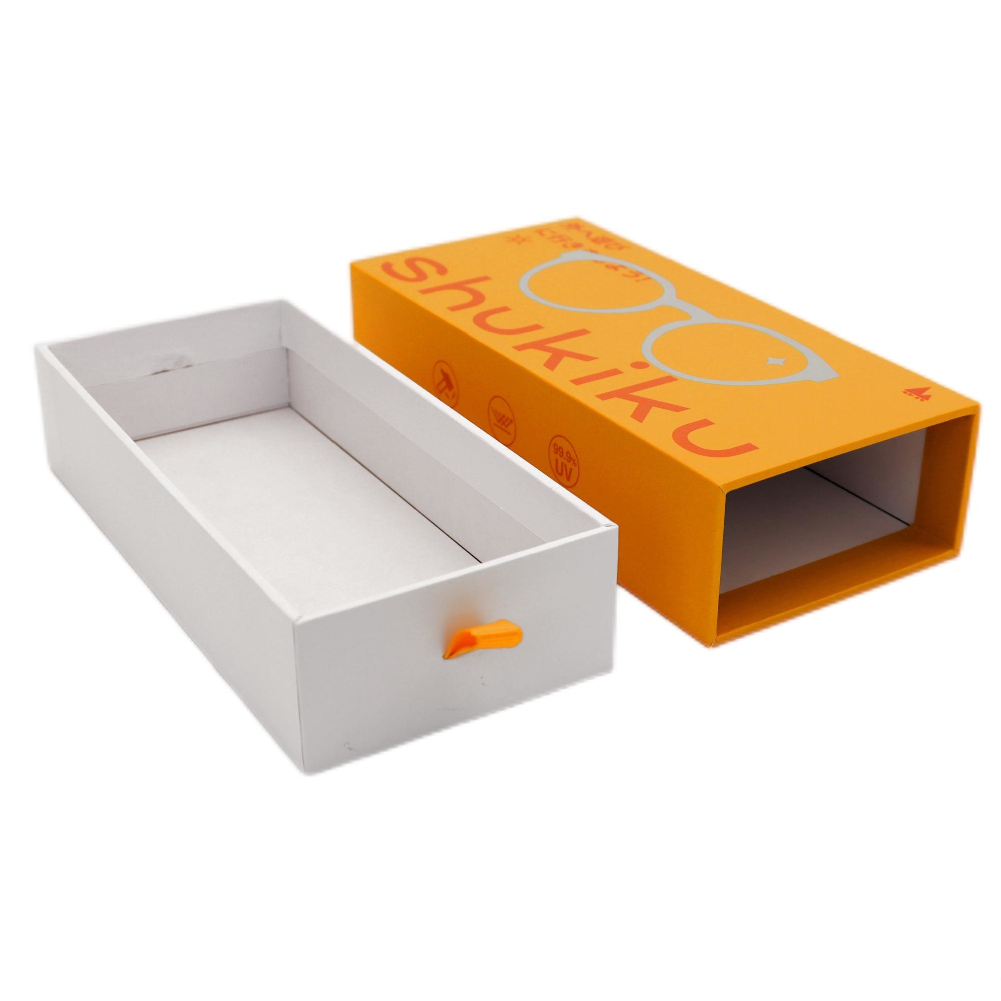 Retail Slide Drawer Box , sun glasses packaging With Ribbon Hang 157g C2S 1200g greyboard