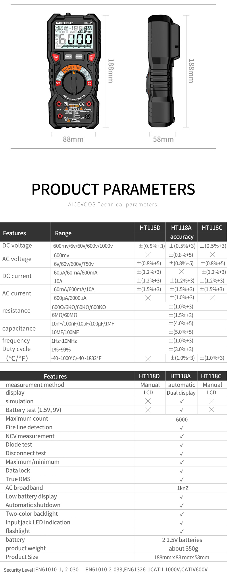 1000V 10A 6000 Counts Handheld Digital Multimeter