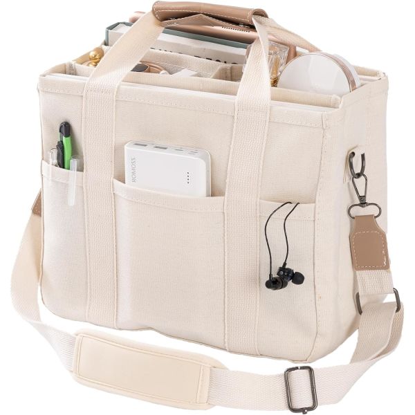 Canvas Tote Bag with Multi Pockets Crossbody Tote Bag for Women Trendy Shoulder Handbag Everything Tote Bag with Compart