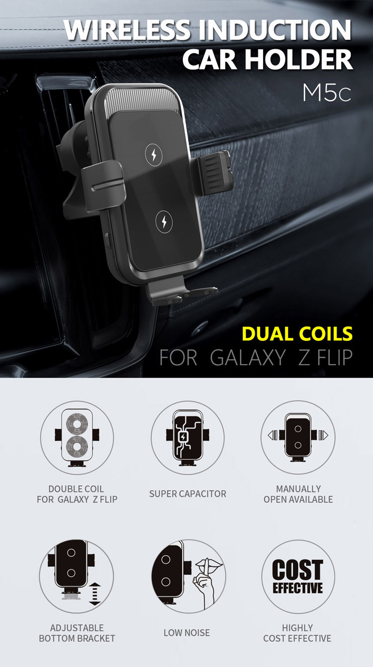 Dual Coil 15W Qi Fast Charging Auto Clamping Car Charger Phone Mount Designer Wireless Charger for Samsung Z Flip