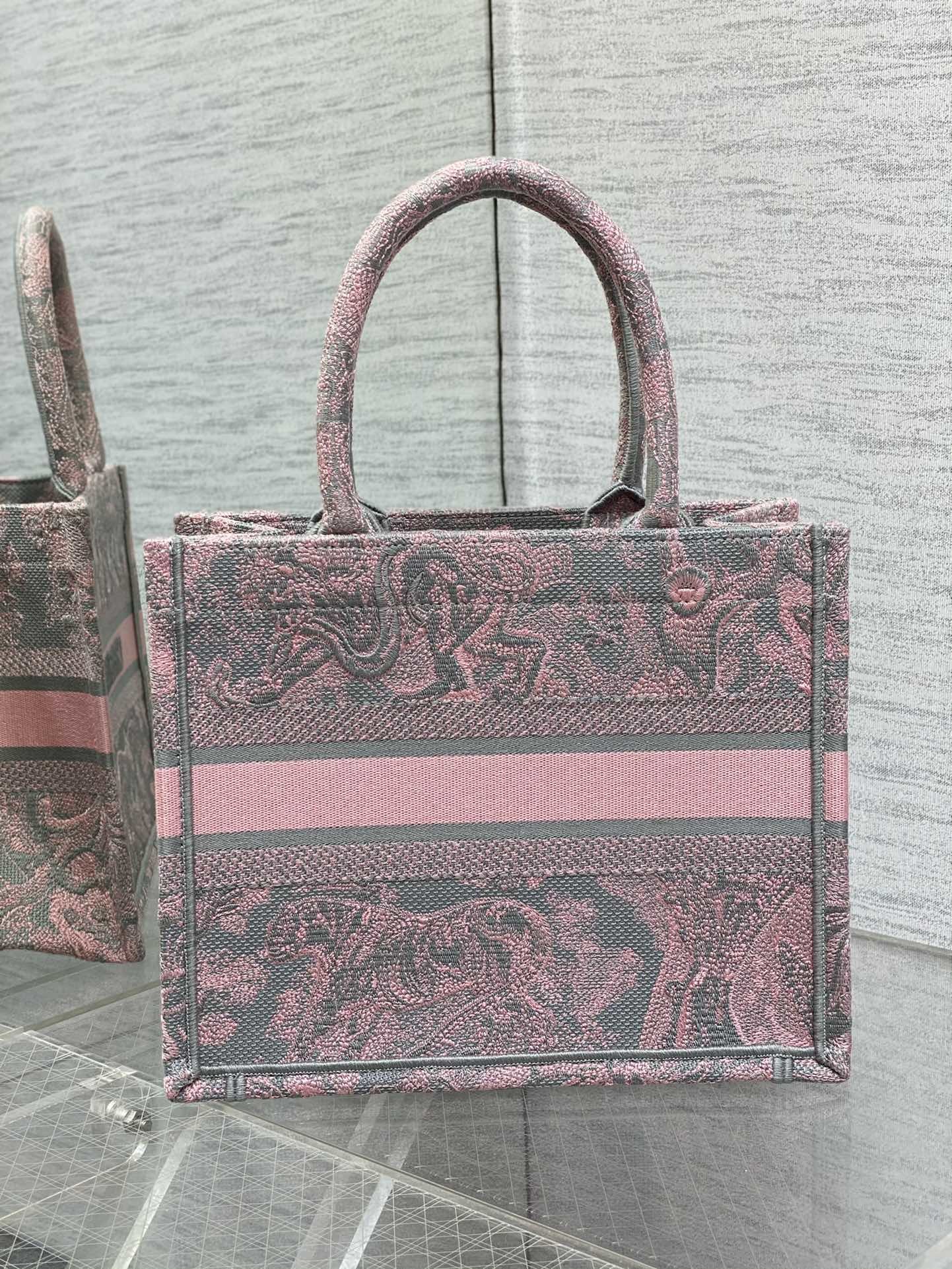 Small Christian Dior Booktote Pink And Gray Toile De Jouy Sauvage Embroidery