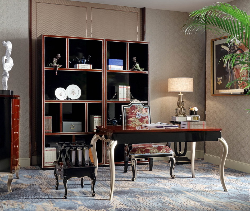Luxury Villa house office Furniture Ebony wood Book cabients and Reading desk in glossy painting with Writing chairs