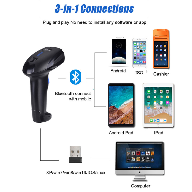 Wireless 2D Qr Code Scanner Portable Reader Bluetooth For Tablet IPad IOS PC POS