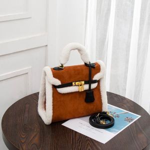 25cm Womens Leather Bag Lambswool O Plush Brown Velvet Bag