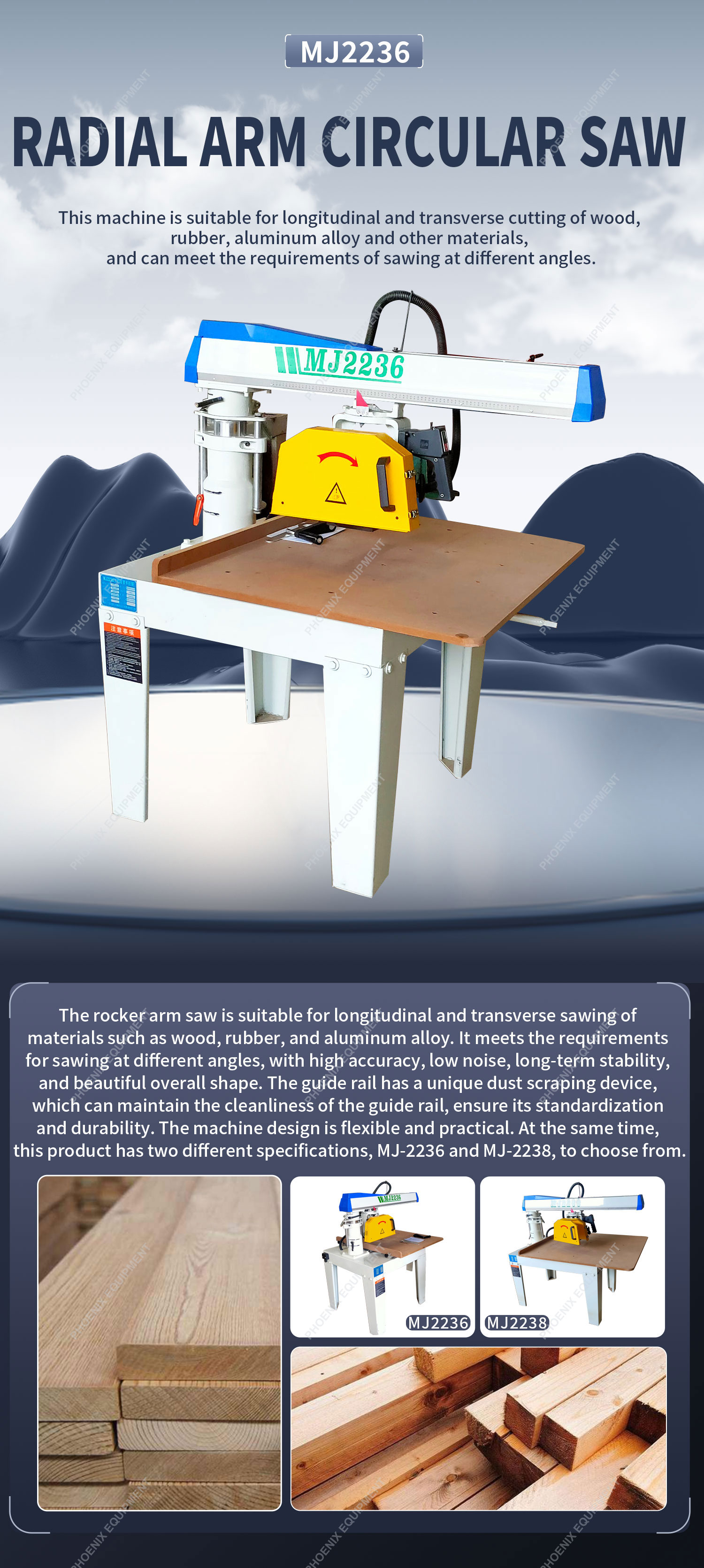 MJ2236 Small Universal Rocker Arm Saw Wood Cutting Machine with Built-in Swing Angle Scale