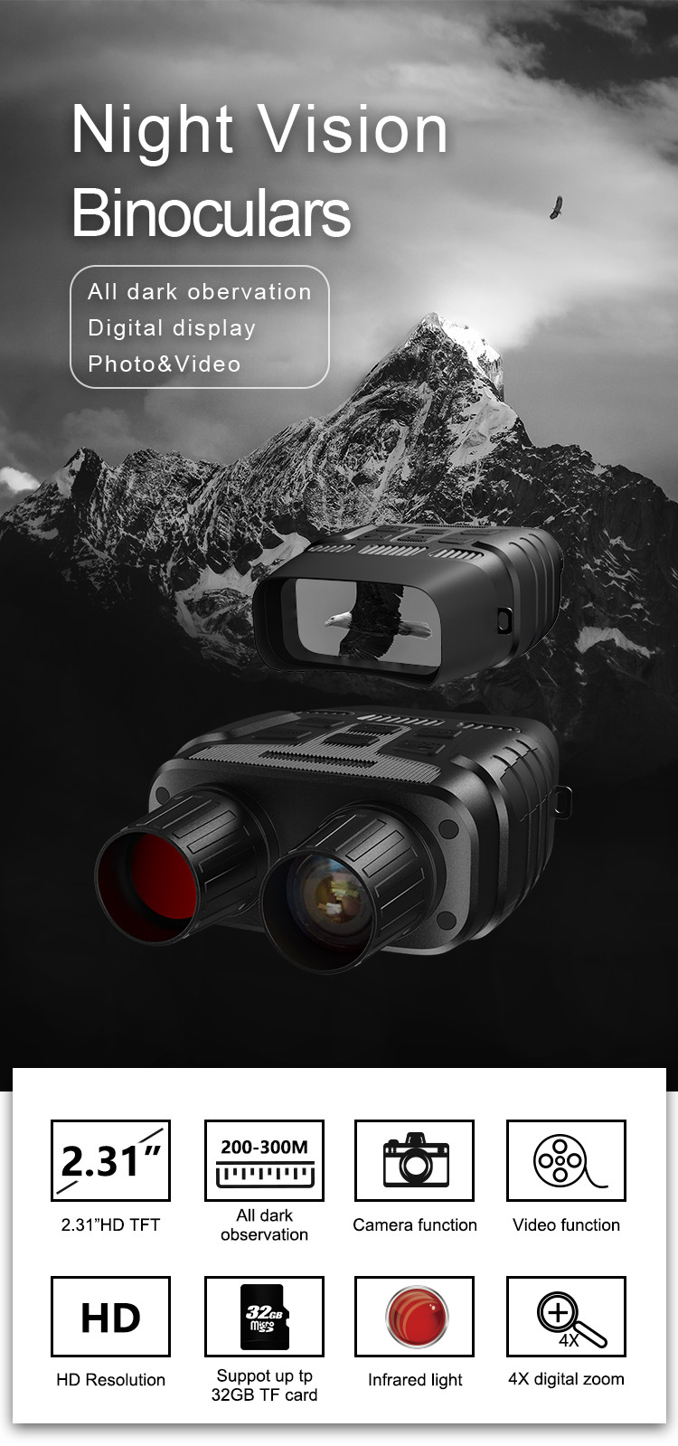 HD Infrared Night Vision Binoculars Digital 3X Magnification Window TFT Display