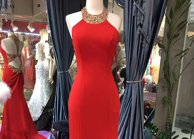 Gold Mermaid Style Red Dress Hanging Neck Luxury Heavy Beading Hollow Back