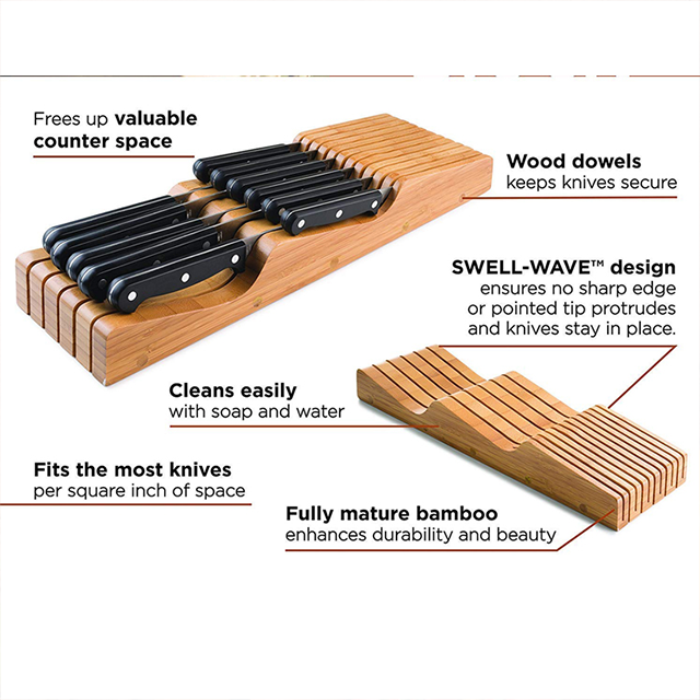 Natural Bamboo 15-Slot In Drawer Knife Block Organizer with Eco-Friendly Construction
