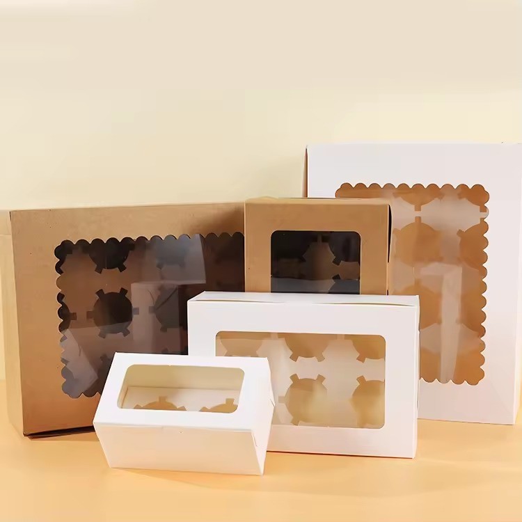 Custom Food Grade Kraft Folding Transparent Window Bakery Cupcake Box And Packaging With Paper Insert