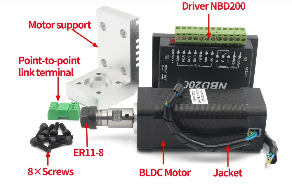Square DC Brushless CNC Spindle Motor Kit 104W ER8 & DBD200 24V For Router Milling