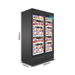 China Commercial 2 Glass Doors Freezer With LED Supermarket Black Painted Steel Upright Deep Freezer wholesale